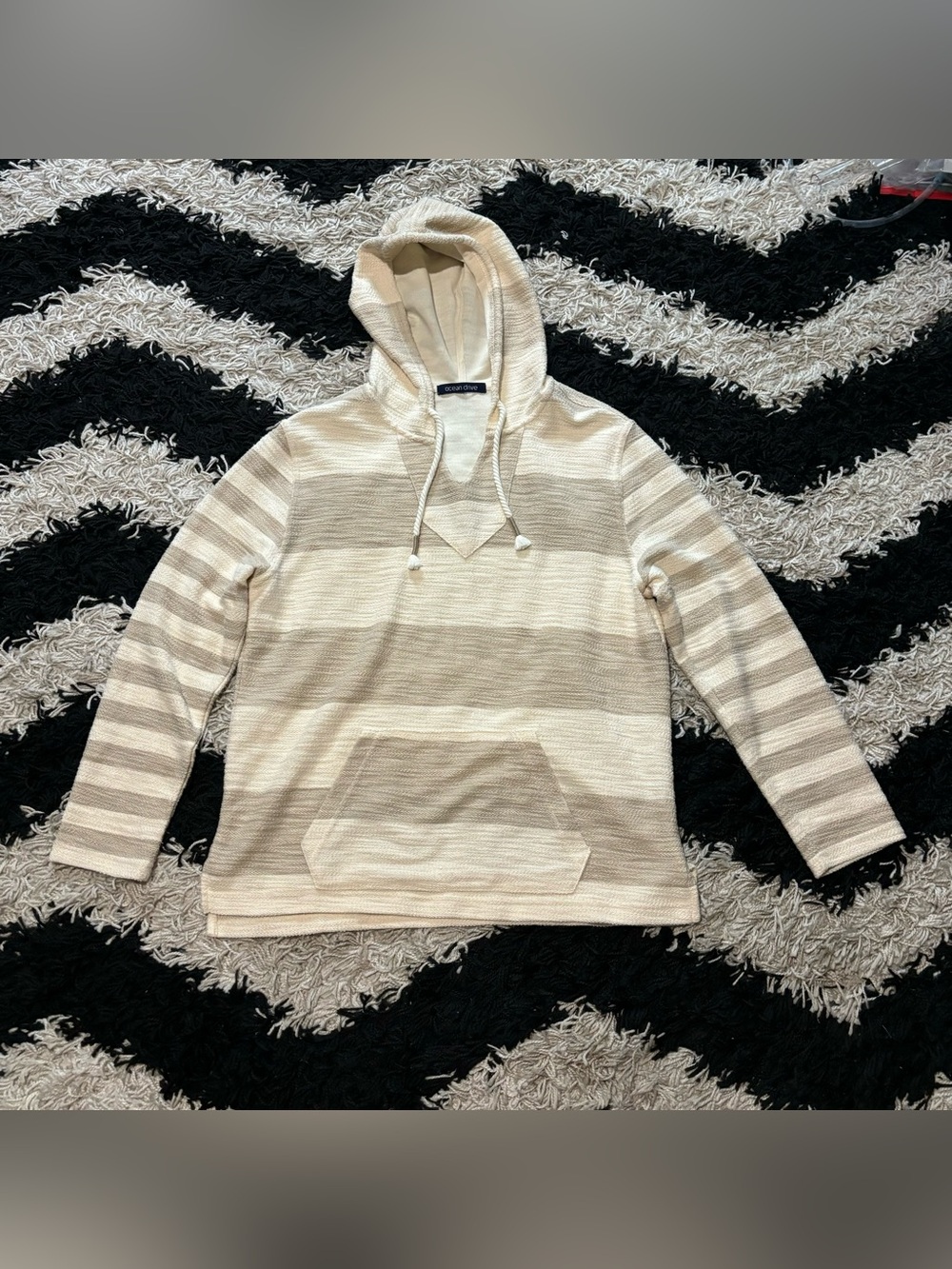 Ocean Drive Beachy Cream Tan Striped Textured Pullover Hoodie Women’s Large